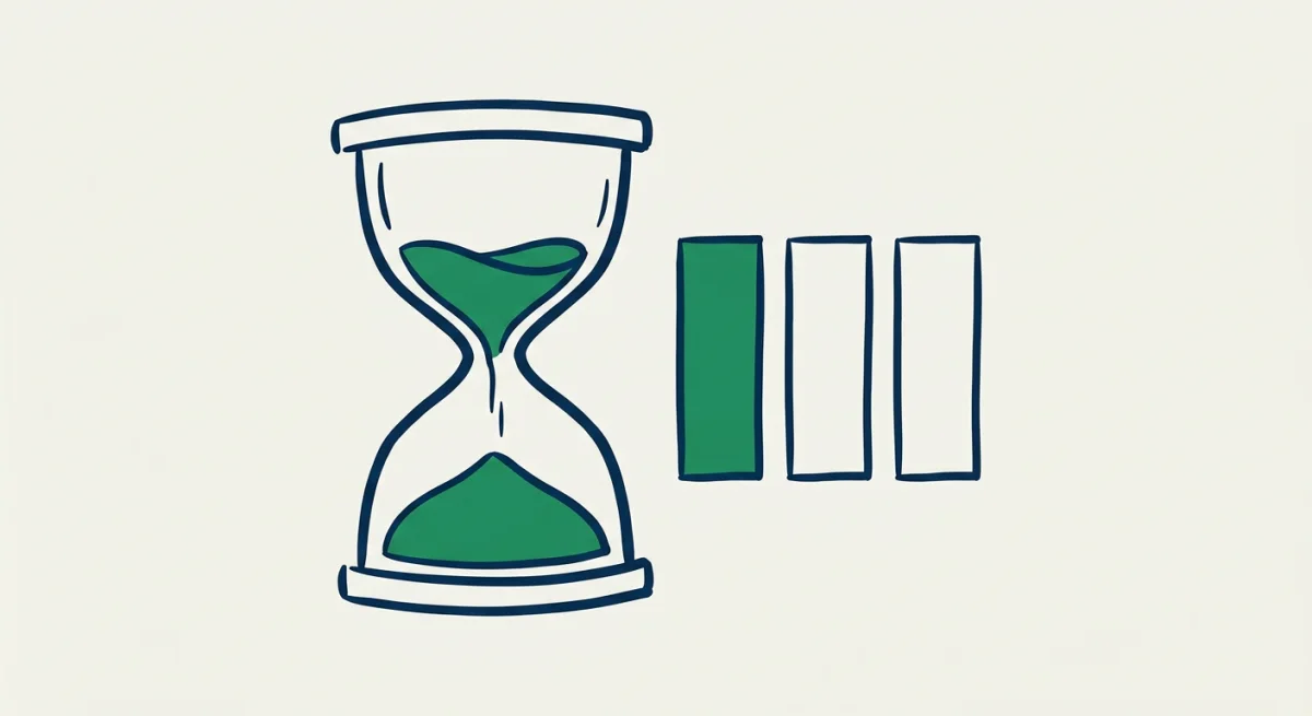 an hourglass beside a short queue of three simple rectangles