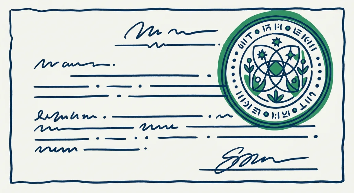 a stamped document with a round seal in the corner