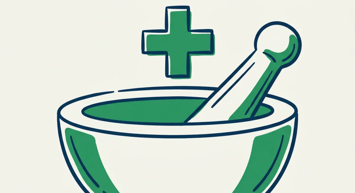 a mortar and pestle with a cross above it