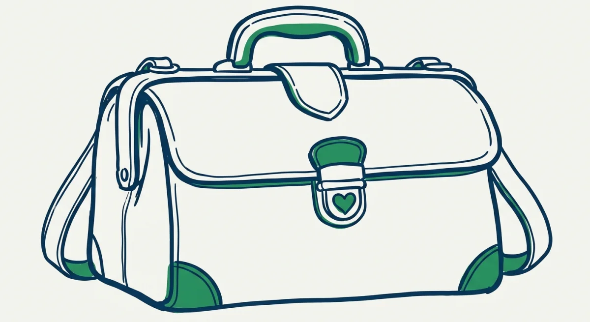 a doctor's bag with a small heart on the clasp