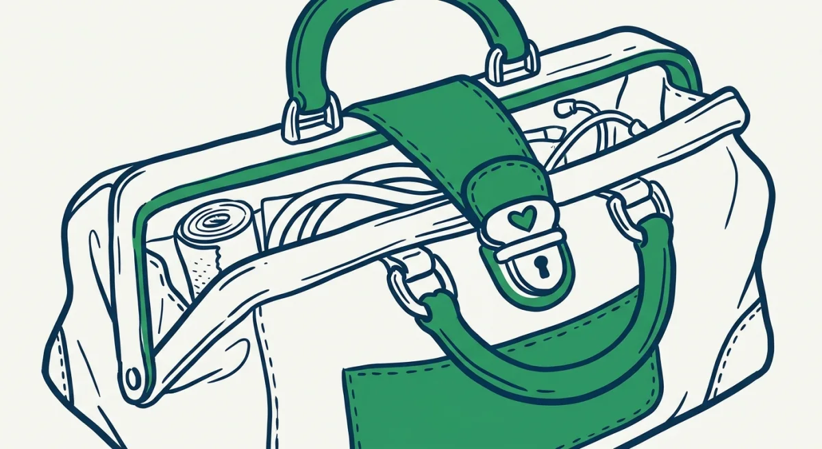 a doctor's bag with a small heart on the clasp