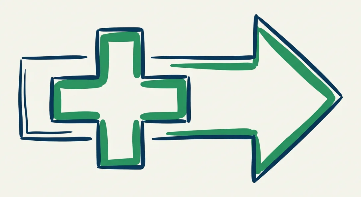 a hospital cross inside a simple arrow pointing right