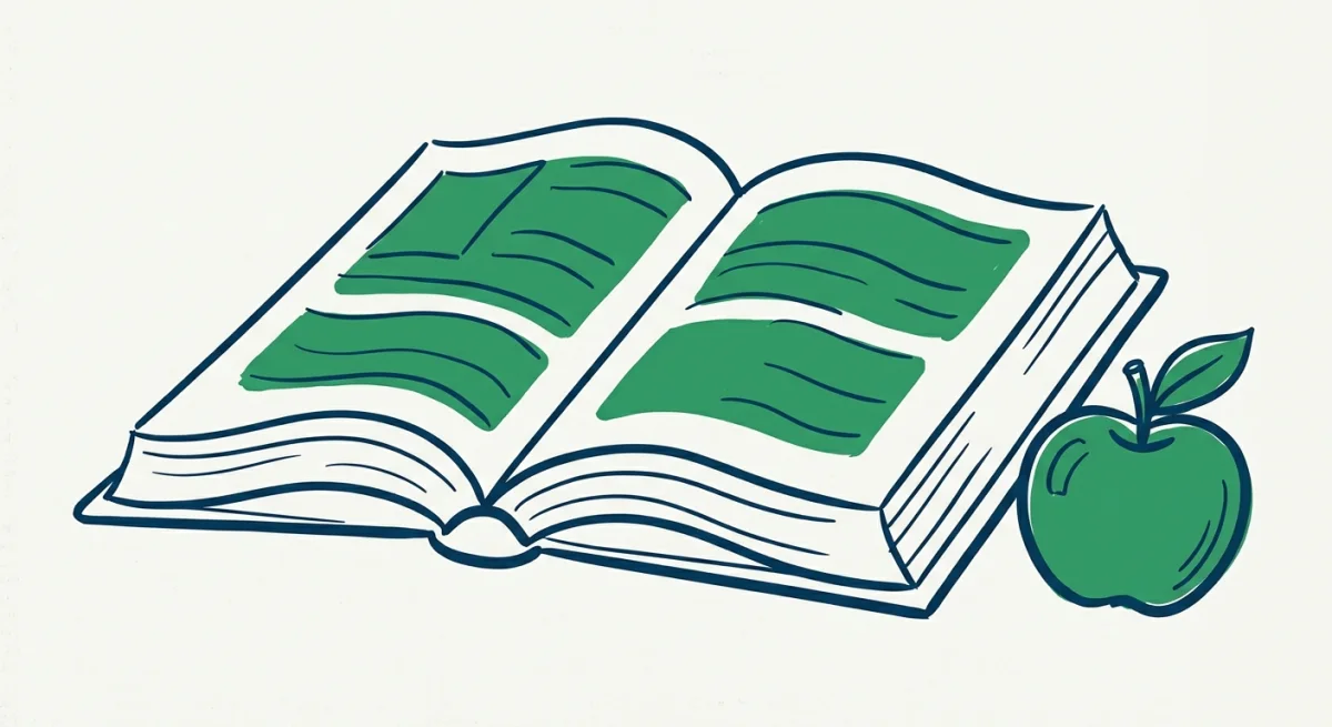 an open book with a small apple beside it