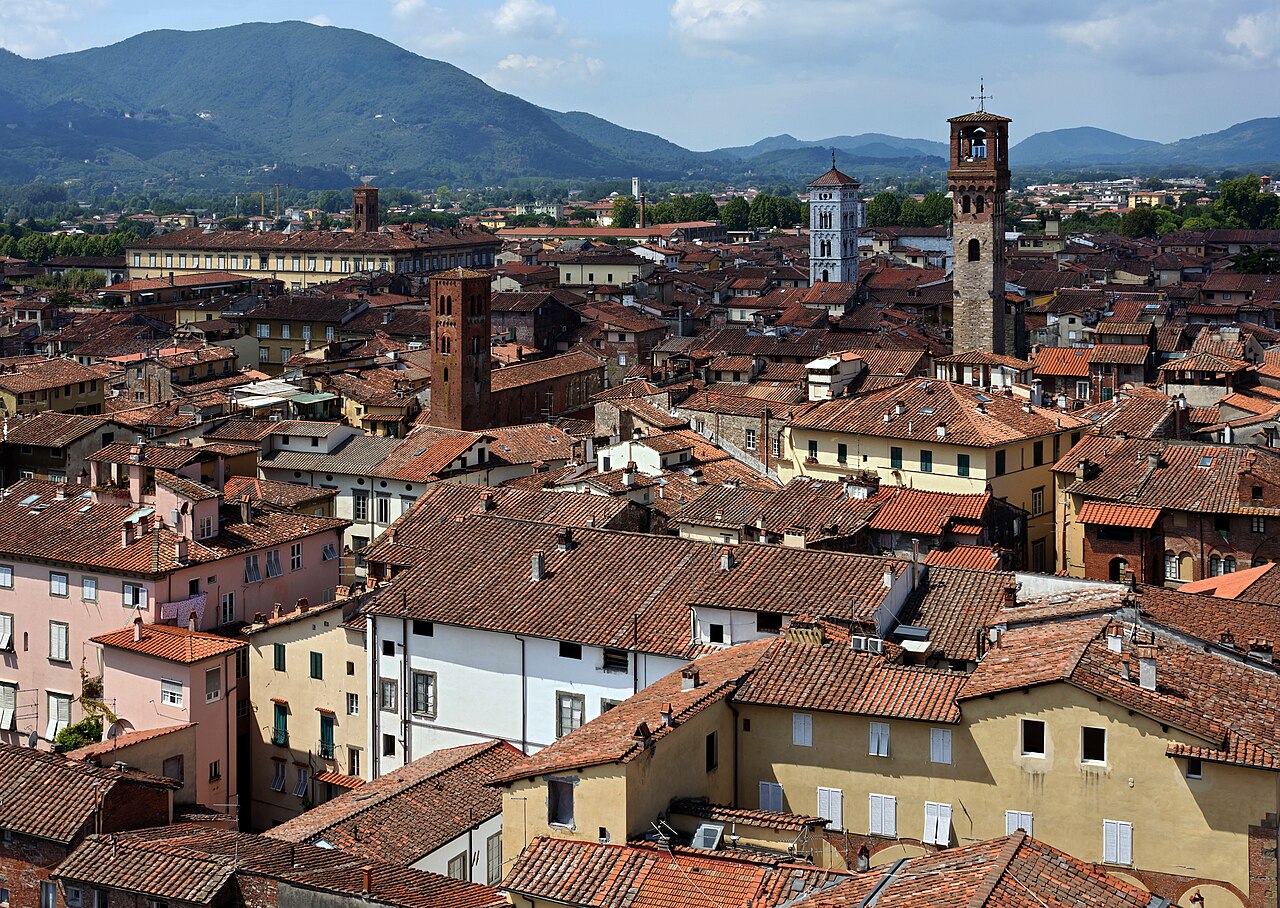Lucca, Tuscany, Italy, seen from the Torre Guinigi. On this view, one can see in particular the church of San Giusto, the campanile of San M