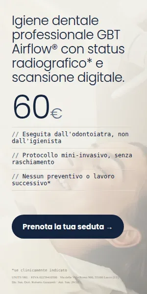 Igiene dentale professionale GBT Airflow con status radiografico e scansione digitale · Un'unica seduta, eseguita direttamente dall'odontoiatra con il protocollo GBT e Airflow. Studio dentistico Adamanti, via delle Ville Prima 966, Lucca, zona San Marco. 60 euro. Si riceve su appuntamento. · Prenota la tua seduta · [ Informazione sanitaria ai sensi della legge n. 248 (04/08/2006) e legge n. 145 (30/12/2018) - UNITS SRL - Dir. San. Dott. Roberto Guazzetti - Valido solo se condizioni cliniche idonee ]