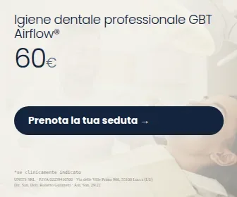 Igiene dentale professionale GBT Airflow con status radiografico e scansione digitale · Un'unica seduta, eseguita direttamente dall'odontoiatra con il protocollo GBT e Airflow. Studio dentistico Adamanti, via delle Ville Prima 966, Lucca, zona San Marco. 60 euro. Si riceve su appuntamento. · Prenota la tua seduta · [ Informazione sanitaria ai sensi della legge n. 248 (04/08/2006) e legge n. 145 (30/12/2018) - UNITS SRL - Dir. San. Dott. Roberto Guazzetti - Valido solo se condizioni cliniche idonee ]