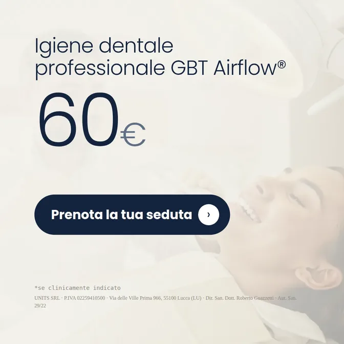 Igiene dentale professionale GBT Airflow con status radiografico e scansione digitale · Un'unica seduta, eseguita direttamente dall'odontoiatra con il protocollo GBT e Airflow. Studio dentistico Adamanti, via delle Ville Prima 966, Lucca, zona San Marco. 60 euro. Si riceve su appuntamento. · Prenota la tua seduta · [ Informazione sanitaria ai sensi della legge n. 248 (04/08/2006) e legge n. 145 (30/12/2018) - UNITS SRL - Dir. San. Dott. Roberto Guazzetti - Valido solo se condizioni cliniche idonee ]