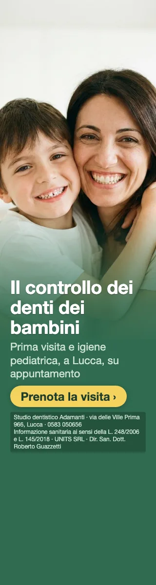Il controllo dei denti dei bambini · Prima visita e igiene pediatrica, a Lucca, su appuntamento. Studio dentistico Adamanti, via delle Ville Prima 966, Lucca, zona San Marco. Si riceve su appuntamento. · Prenota la visita · [ Informazione sanitaria ai sensi della legge n. 248 (04/08/2006) e legge n. 145 (30/12/2018) - UNITS SRL - Dir. San. Dott. Roberto Guazzetti - Valido solo se condizioni cliniche idonee ]