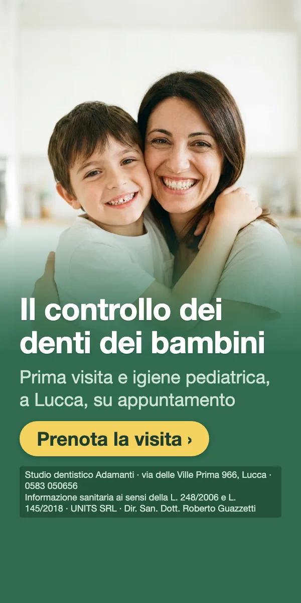 Il controllo dei denti dei bambini · Prima visita e igiene pediatrica, a Lucca, su appuntamento. Studio dentistico Adamanti, via delle Ville Prima 966, Lucca, zona San Marco. Si riceve su appuntamento. · Prenota la visita · [ Informazione sanitaria ai sensi della legge n. 248 (04/08/2006) e legge n. 145 (30/12/2018) - UNITS SRL - Dir. San. Dott. Roberto Guazzetti - Valido solo se condizioni cliniche idonee ]