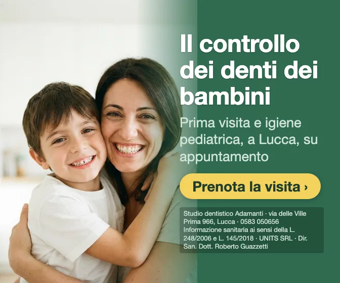 Il controllo dei denti dei bambini · Prima visita e igiene pediatrica, a Lucca, su appuntamento. Studio dentistico Adamanti, via delle Ville Prima 966, Lucca, zona San Marco. Si riceve su appuntamento. · Prenota la visita · [ Informazione sanitaria ai sensi della legge n. 248 (04/08/2006) e legge n. 145 (30/12/2018) - UNITS SRL - Dir. San. Dott. Roberto Guazzetti - Valido solo se condizioni cliniche idonee ]
