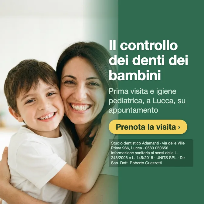 Il controllo dei denti dei bambini · Prima visita e igiene pediatrica, a Lucca, su appuntamento. Studio dentistico Adamanti, via delle Ville Prima 966, Lucca, zona San Marco. Si riceve su appuntamento. · Prenota la visita · [ Informazione sanitaria ai sensi della legge n. 248 (04/08/2006) e legge n. 145 (30/12/2018) - UNITS SRL - Dir. San. Dott. Roberto Guazzetti - Valido solo se condizioni cliniche idonee ]