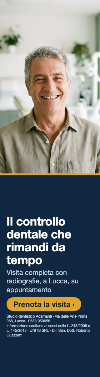 Il controllo dentale che rimandi da tempo · Visita completa con radiografie, a Lucca, su appuntamento. Studio dentistico Adamanti, via delle Ville Prima 966, Lucca, zona San Marco. Si riceve su appuntamento. · Prenota la visita · [ Informazione sanitaria ai sensi della legge n. 248 (04/08/2006) e legge n. 145 (30/12/2018) - UNITS SRL - Dir. San. Dott. Roberto Guazzetti - Valido solo se condizioni cliniche idonee ]