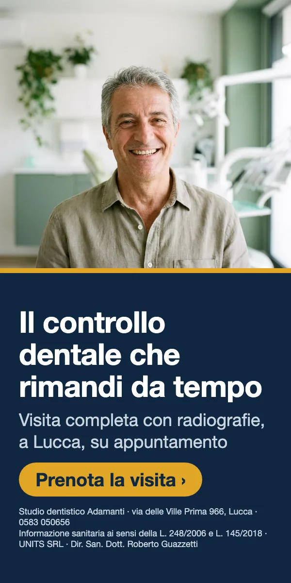 Il controllo dentale che rimandi da tempo · Visita completa con radiografie, a Lucca, su appuntamento. Studio dentistico Adamanti, via delle Ville Prima 966, Lucca, zona San Marco. Si riceve su appuntamento. · Prenota la visita · [ Informazione sanitaria ai sensi della legge n. 248 (04/08/2006) e legge n. 145 (30/12/2018) - UNITS SRL - Dir. San. Dott. Roberto Guazzetti - Valido solo se condizioni cliniche idonee ]
