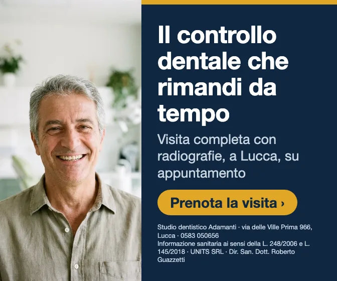 Il controllo dentale che rimandi da tempo · Visita completa con radiografie, a Lucca, su appuntamento. Studio dentistico Adamanti, via delle Ville Prima 966, Lucca, zona San Marco. Si riceve su appuntamento. · Prenota la visita · [ Informazione sanitaria ai sensi della legge n. 248 (04/08/2006) e legge n. 145 (30/12/2018) - UNITS SRL - Dir. San. Dott. Roberto Guazzetti - Valido solo se condizioni cliniche idonee ]