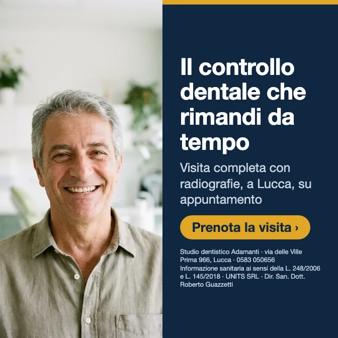 Il controllo dentale che rimandi da tempo · Visita completa con radiografie, a Lucca, su appuntamento. Studio dentistico Adamanti, via delle Ville Prima 966, Lucca, zona San Marco. Si riceve su appuntamento. · Prenota la visita · [ Informazione sanitaria ai sensi della legge n. 248 (04/08/2006) e legge n. 145 (30/12/2018) - UNITS SRL - Dir. San. Dott. Roberto Guazzetti - Valido solo se condizioni cliniche idonee ]