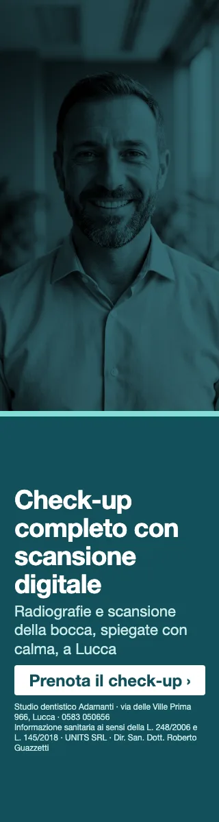 Check-up completo con scansione digitale · Radiografie e scansione della bocca, spiegate con calma, a Lucca. Studio dentistico Adamanti, via delle Ville Prima 966, Lucca, zona San Marco. Si riceve su appuntamento. · Prenota il check-up · [ Informazione sanitaria ai sensi della legge n. 248 (04/08/2006) e legge n. 145 (30/12/2018) - UNITS SRL - Dir. San. Dott. Roberto Guazzetti - Valido solo se condizioni cliniche idonee ]