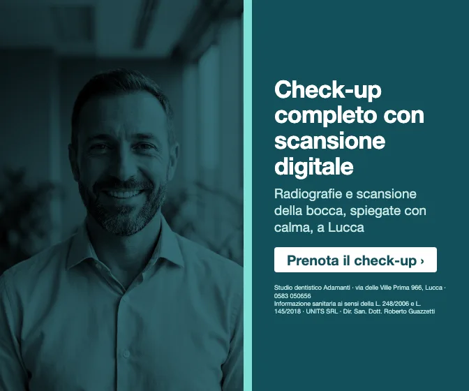 Check-up completo con scansione digitale · Radiografie e scansione della bocca, spiegate con calma, a Lucca. Studio dentistico Adamanti, via delle Ville Prima 966, Lucca, zona San Marco. Si riceve su appuntamento. · Prenota il check-up · [ Informazione sanitaria ai sensi della legge n. 248 (04/08/2006) e legge n. 145 (30/12/2018) - UNITS SRL - Dir. San. Dott. Roberto Guazzetti - Valido solo se condizioni cliniche idonee ]