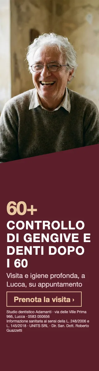 Controllo di gengive e denti dopo i 60 · Visita e igiene profonda, a Lucca, su appuntamento. Studio dentistico Adamanti, via delle Ville Prima 966, Lucca, zona San Marco. Si riceve su appuntamento. · Prenota la visita · [ Informazione sanitaria ai sensi della legge n. 248 (04/08/2006) e legge n. 145 (30/12/2018) - UNITS SRL - Dir. San. Dott. Roberto Guazzetti - Valido solo se condizioni cliniche idonee ]
